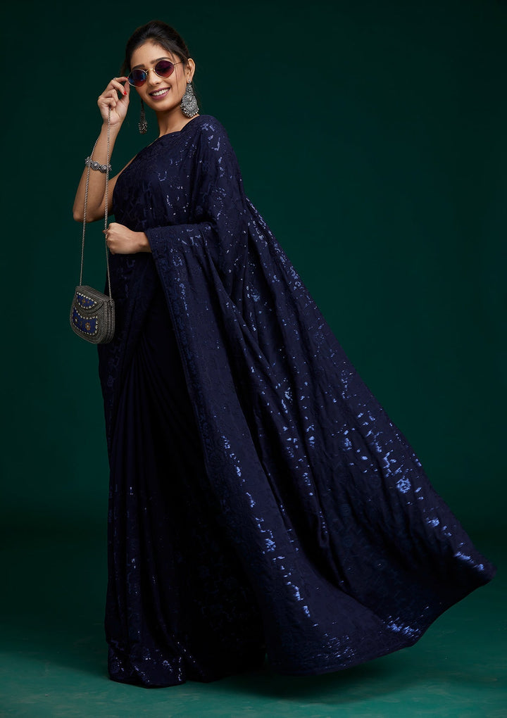 Navy Blue Threadwork Georgette Saree- Koskii