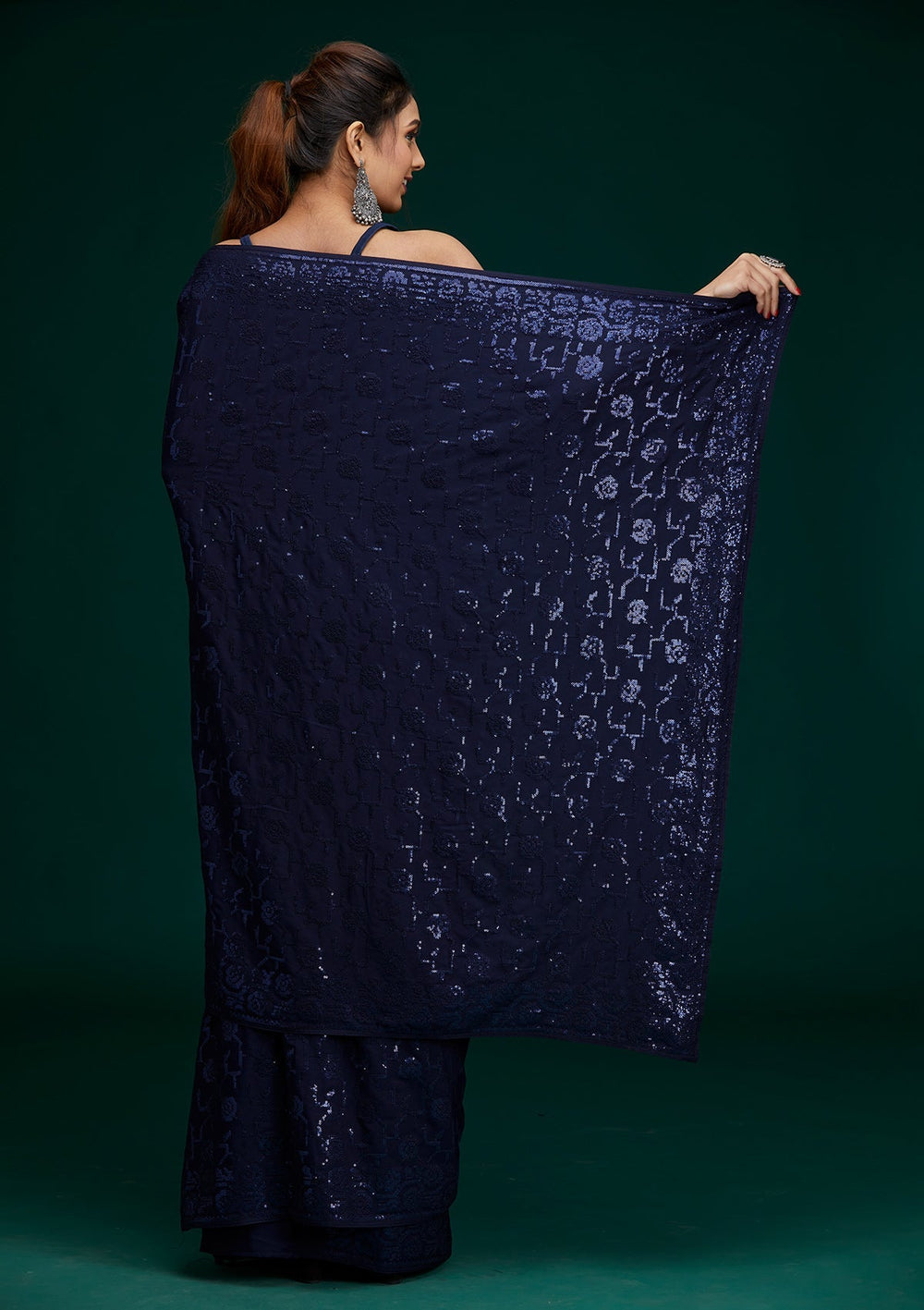 Navy Blue Threadwork Georgette Saree - Koskii
