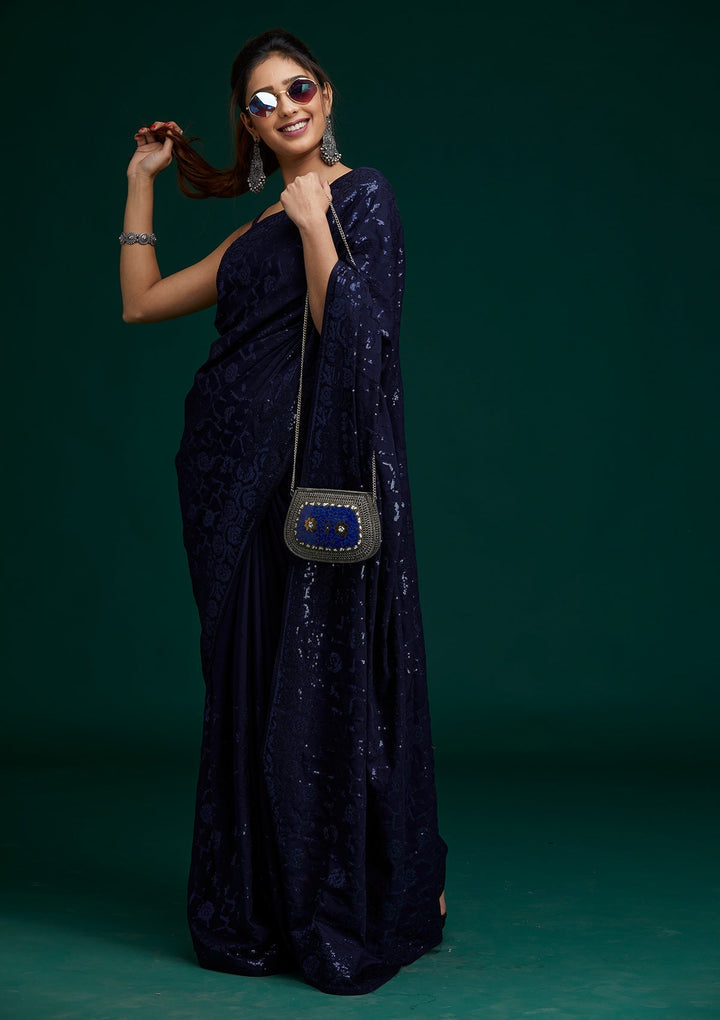 Navy Blue Threadwork Georgette Saree - Koskii
