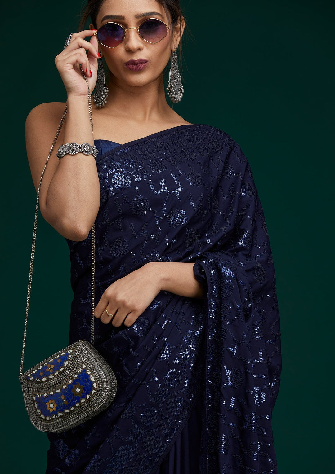 Navy Blue Threadwork Georgette Saree - Koskii