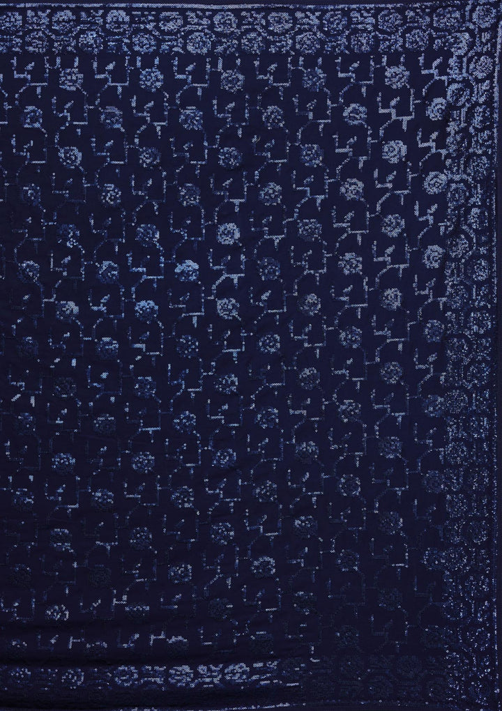 Navy Blue Threadwork Georgette Saree - Koskii