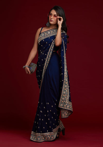 Navy Blue Threadwork Georgette Saree - Koskii