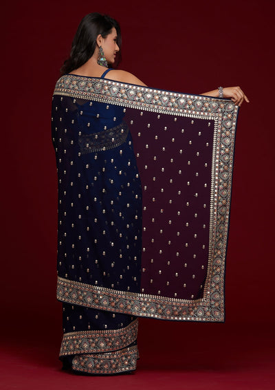 Navy Blue Threadwork Georgette Saree - Koskii