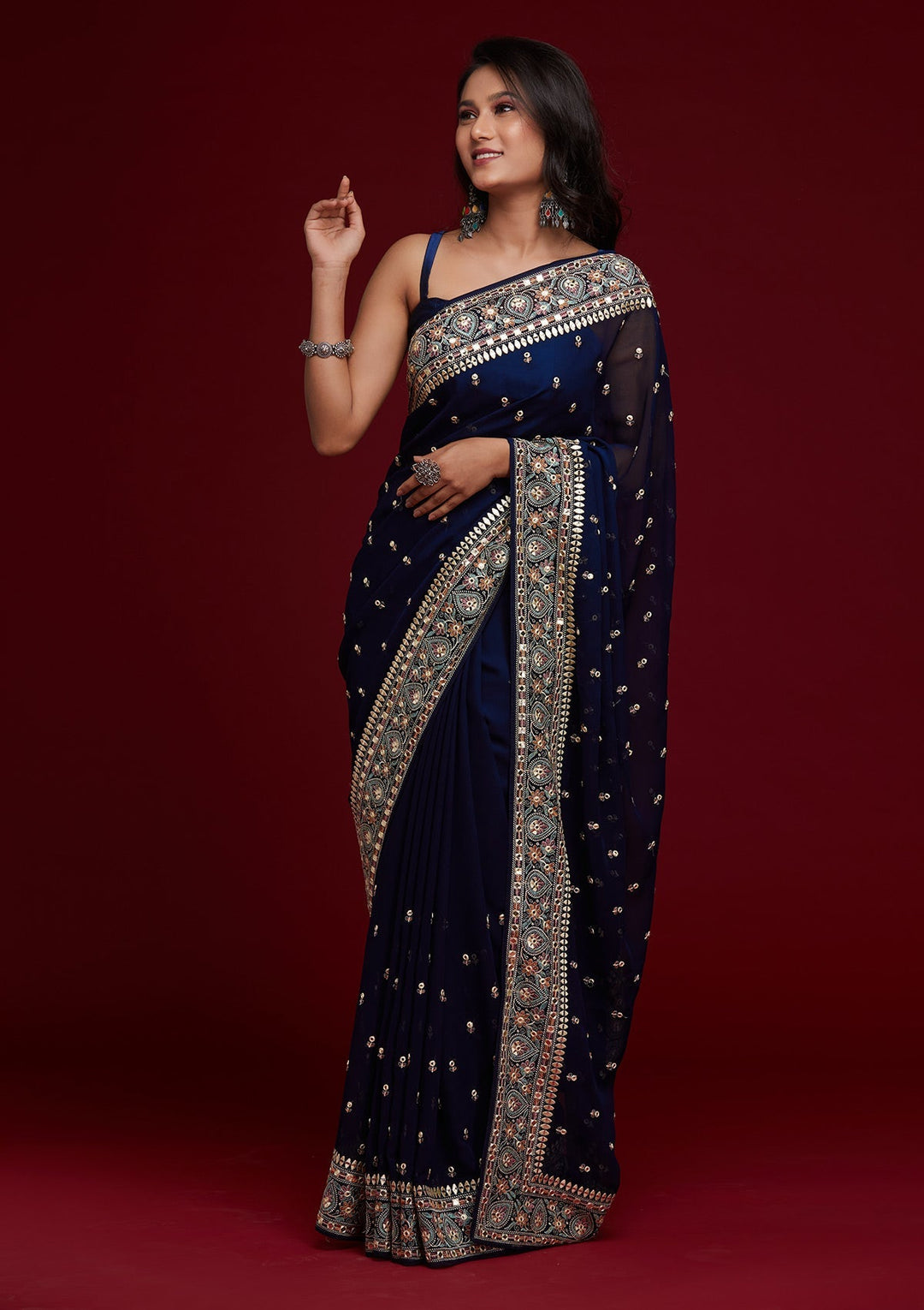 Navy Blue Threadwork Georgette Saree - Koskii