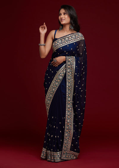 Navy Blue Threadwork Georgette Saree - Koskii