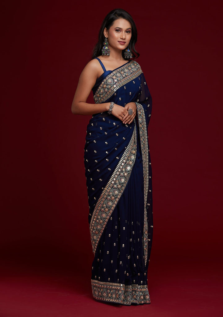 Navy Blue Threadwork Georgette Saree - Koskii