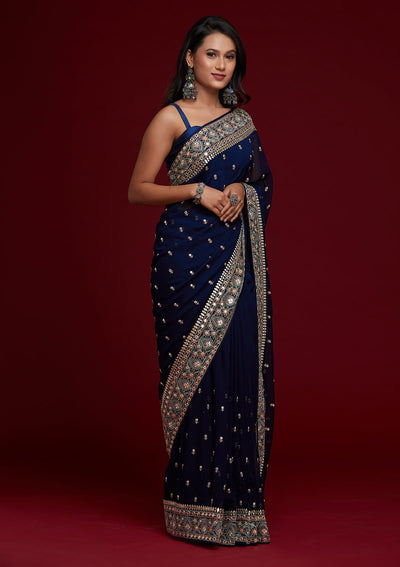 Navy Blue Threadwork Georgette Saree - Koskii