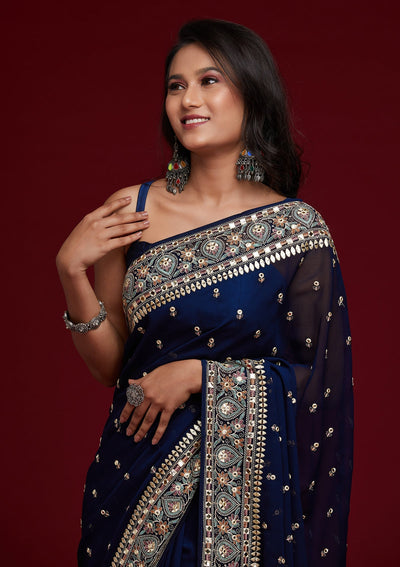 Navy Blue Threadwork Georgette Saree - Koskii