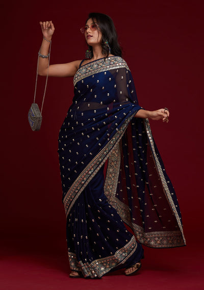 Navy Blue Threadwork Georgette Saree - Koskii
