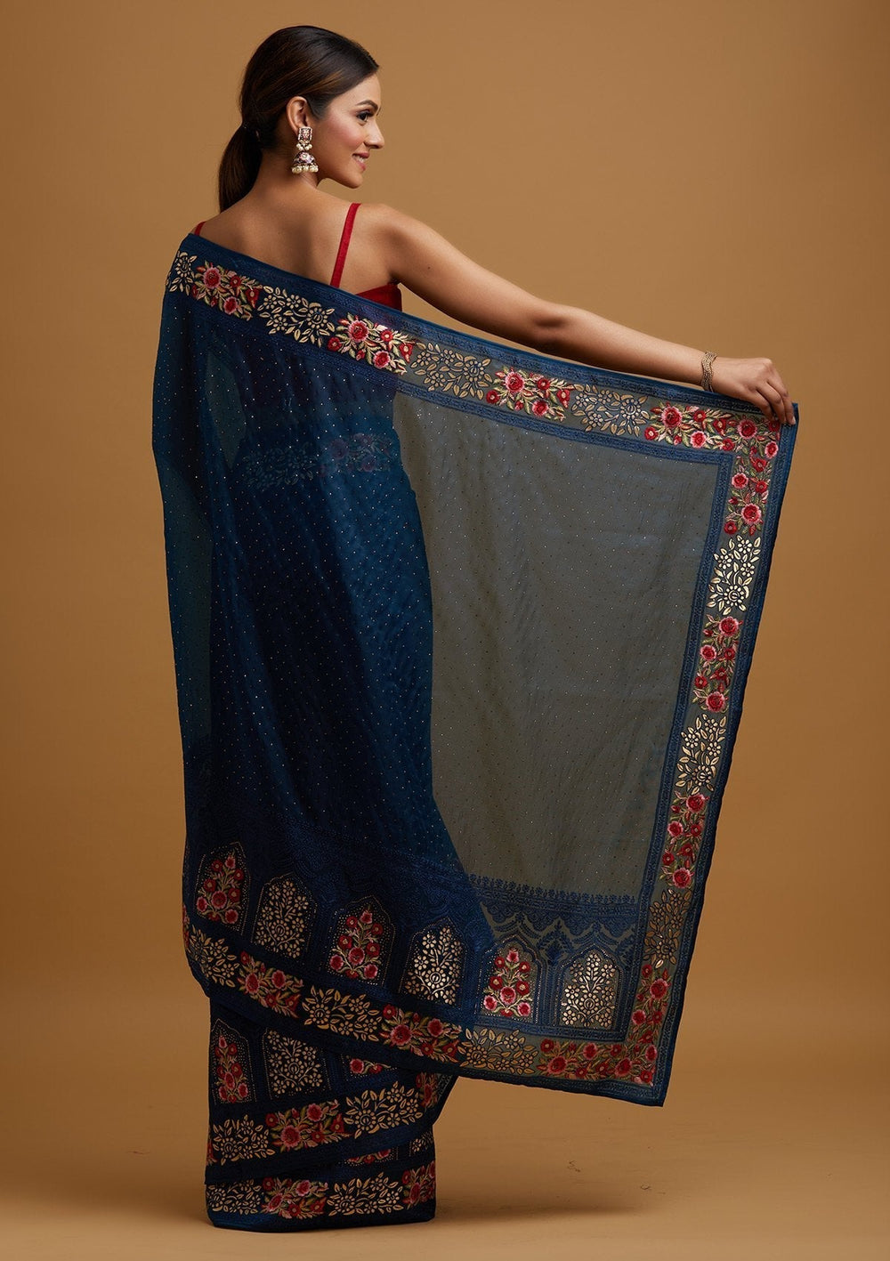 Navy Blue Threadwork Net Designer Saree - koskii