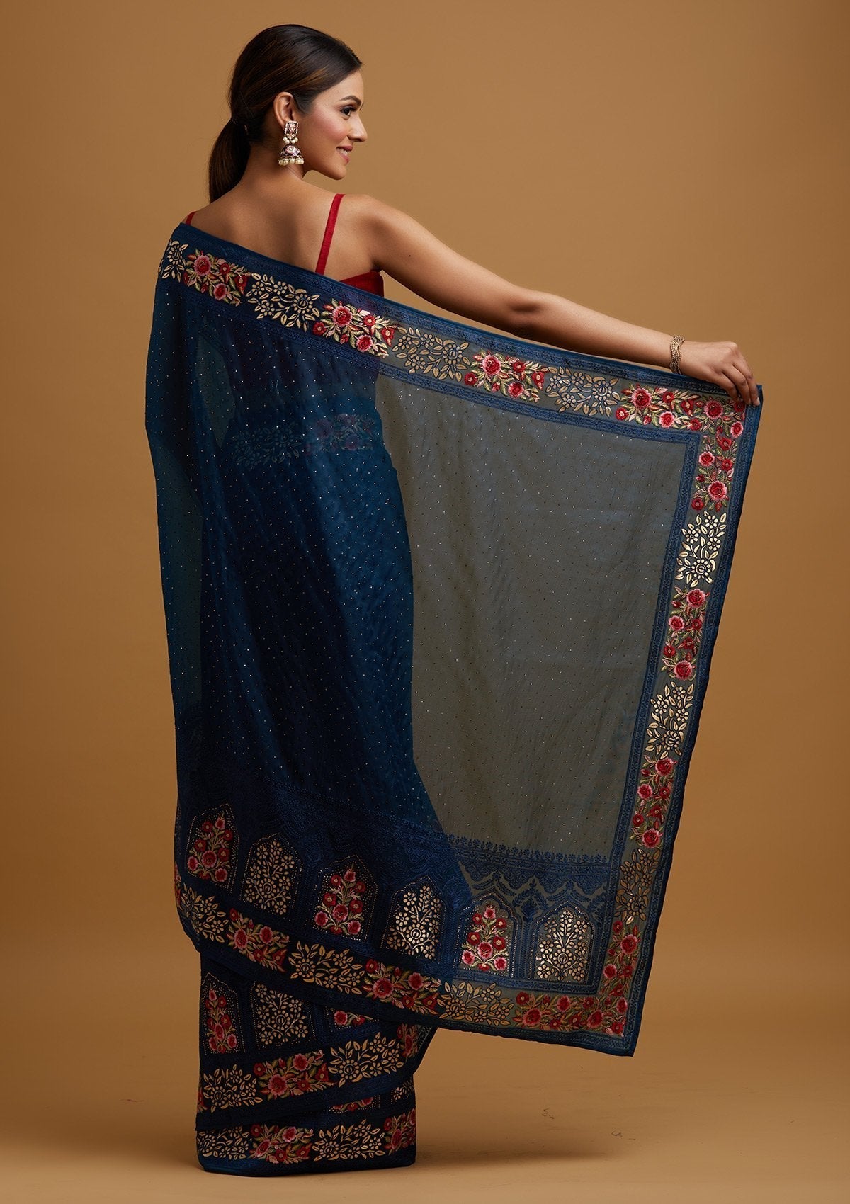 Navy Blue Threadwork Net Designer Saree - koskii
