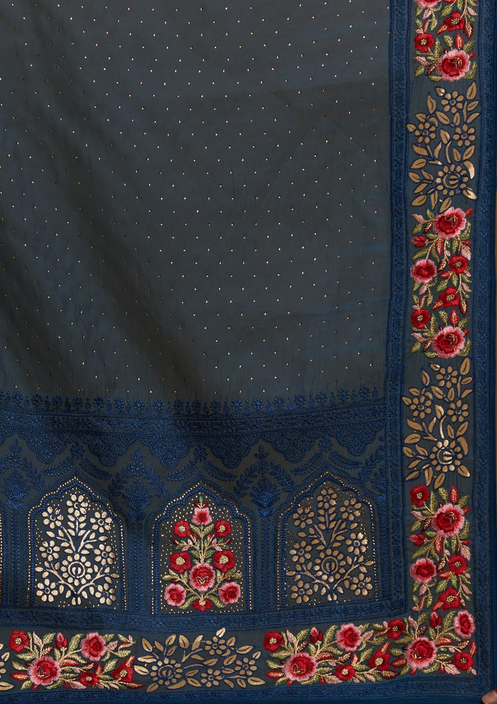 Navy Blue Threadwork Net Designer Saree - koskii