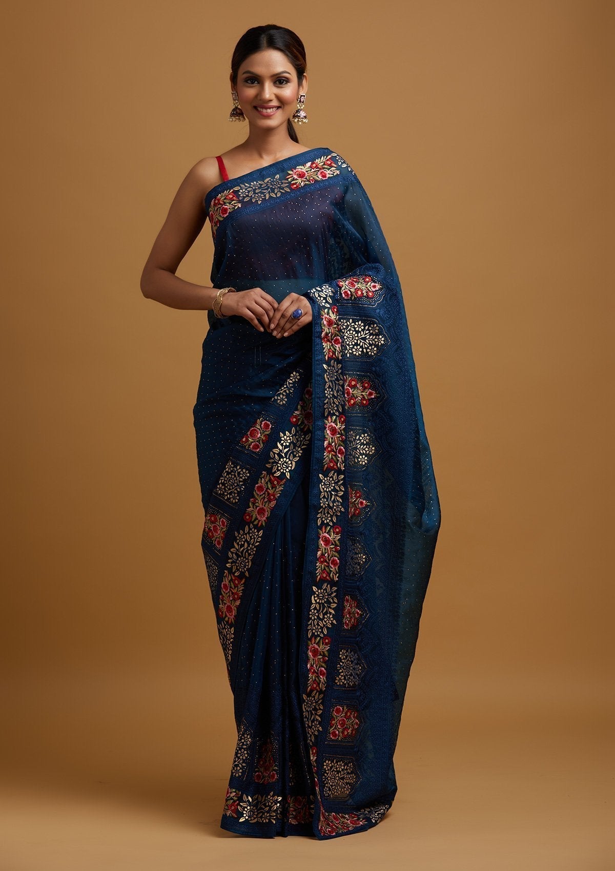 Navy Blue Threadwork Net Designer Saree - koskii