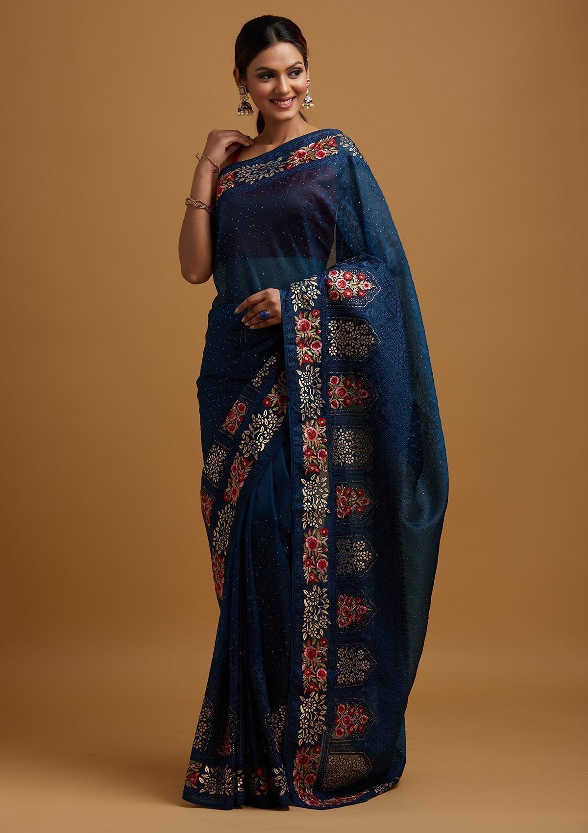 Navy Blue Threadwork Net Designer Saree - koskii