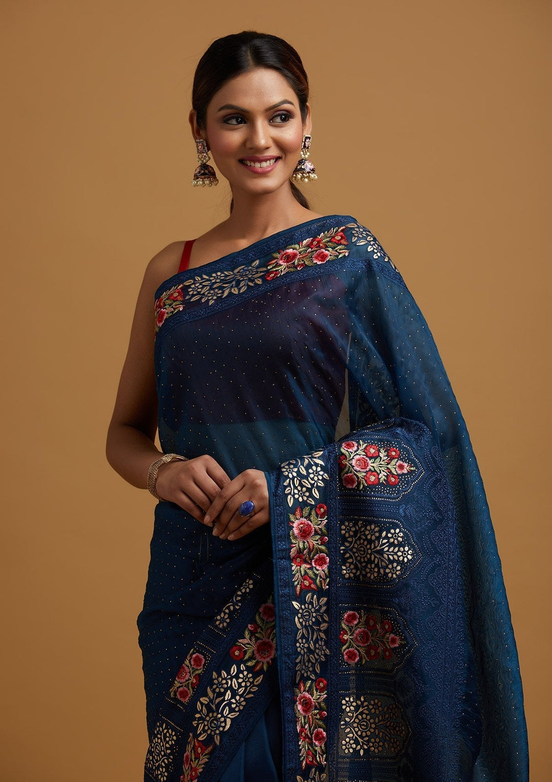 Navy Blue Threadwork Net Designer Saree - koskii