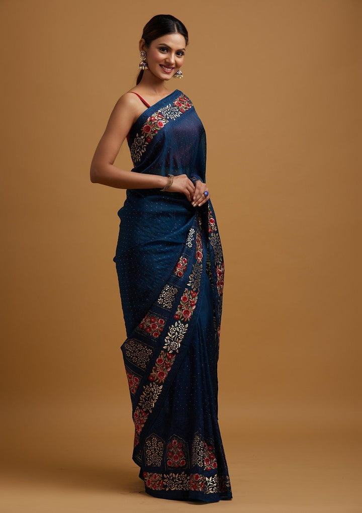 Navy Blue Threadwork Net Designer Saree - koskii