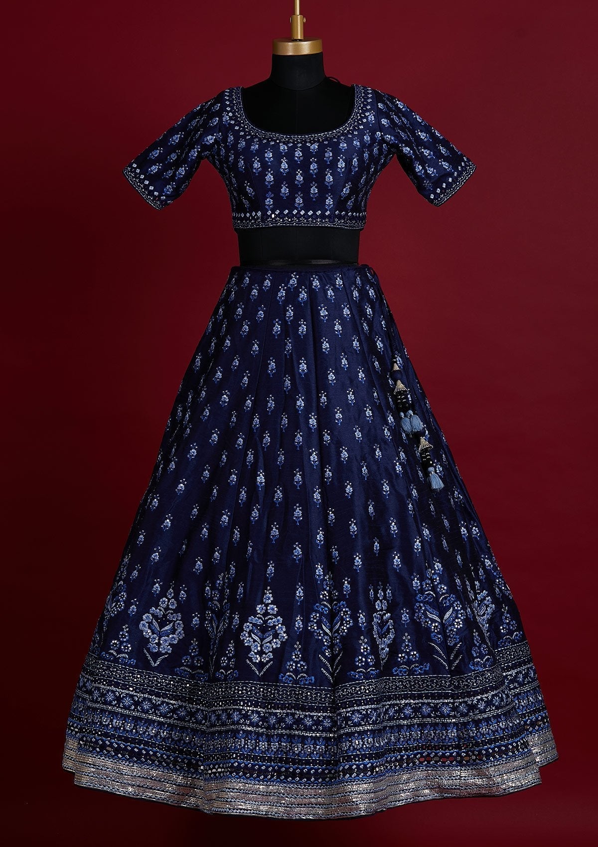 Navy Blue Threadwork Raw Silk Designer Lehenga - koskii