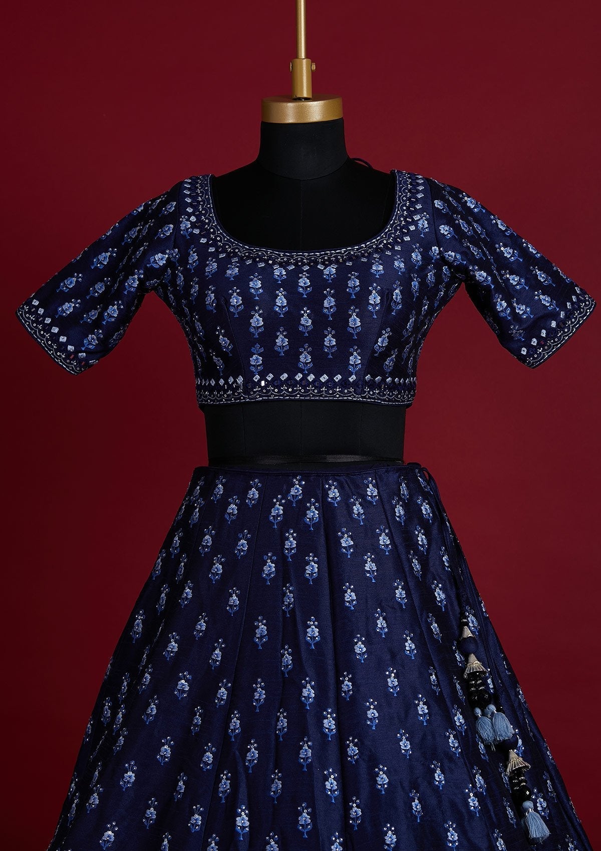 Navy Blue Threadwork Raw Silk Designer Lehenga - koskii