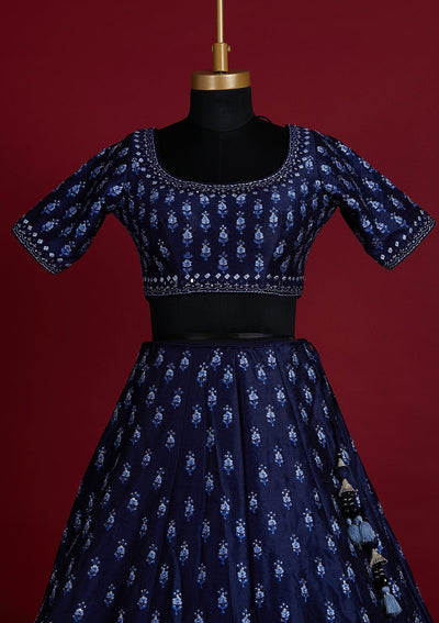 Navy Blue Threadwork Raw Silk Designer Lehenga - koskii