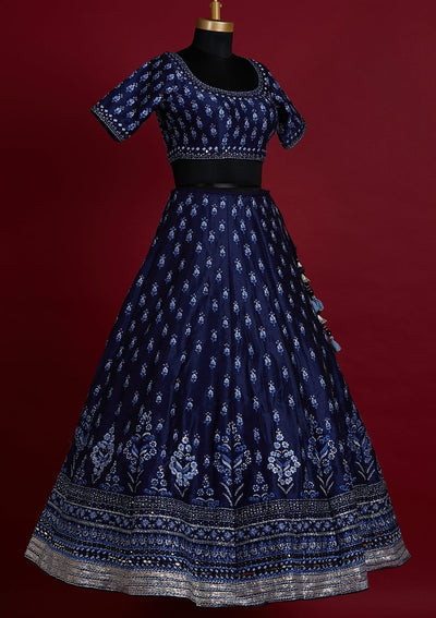 Navy Blue Threadwork Raw Silk Designer Lehenga - koskii