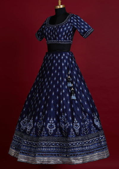 Navy Blue Threadwork Raw Silk Designer Lehenga - koskii