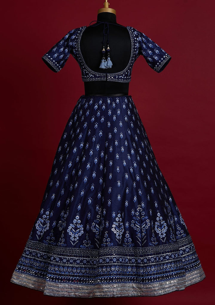 Navy Blue Threadwork Raw Silk Designer Lehenga - koskii