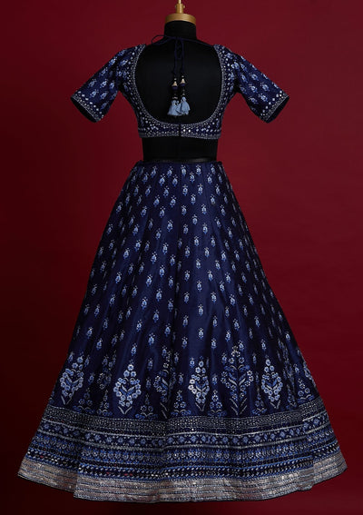 Navy Blue Threadwork Raw Silk Designer Lehenga - koskii