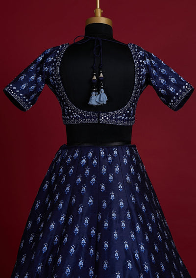 Navy Blue Threadwork Raw Silk Designer Lehenga - koskii