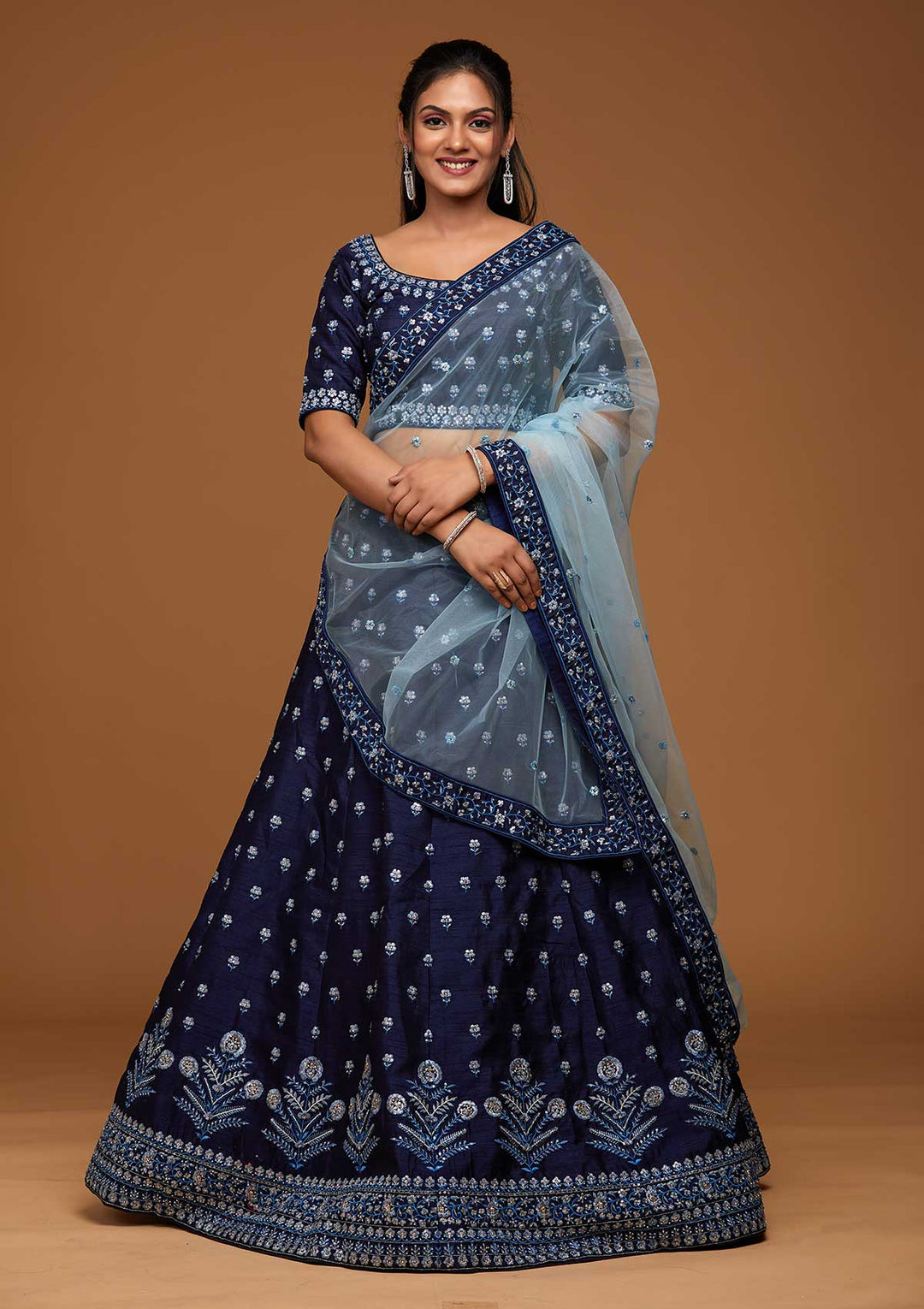 Navy Blue Threadwork Raw Silk Designer Lehenga-Koskii