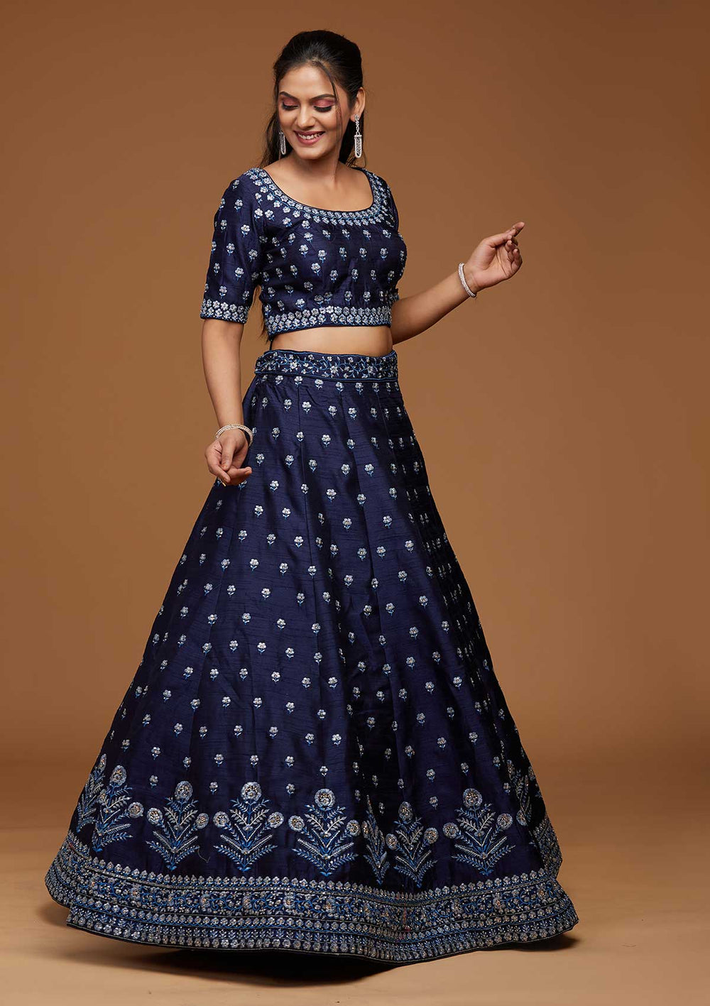 Navy Blue Threadwork Raw Silk Designer Lehenga-Koskii