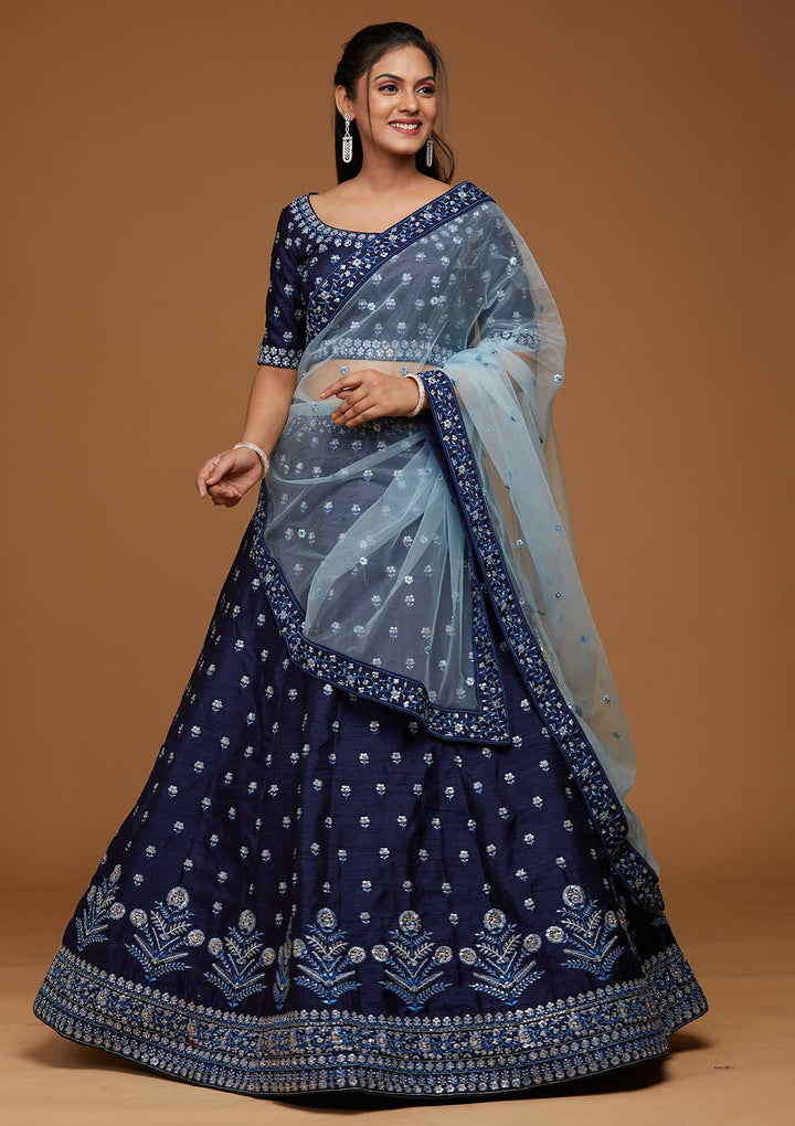 Navy Blue Threadwork Raw Silk Designer Lehenga-Koskii
