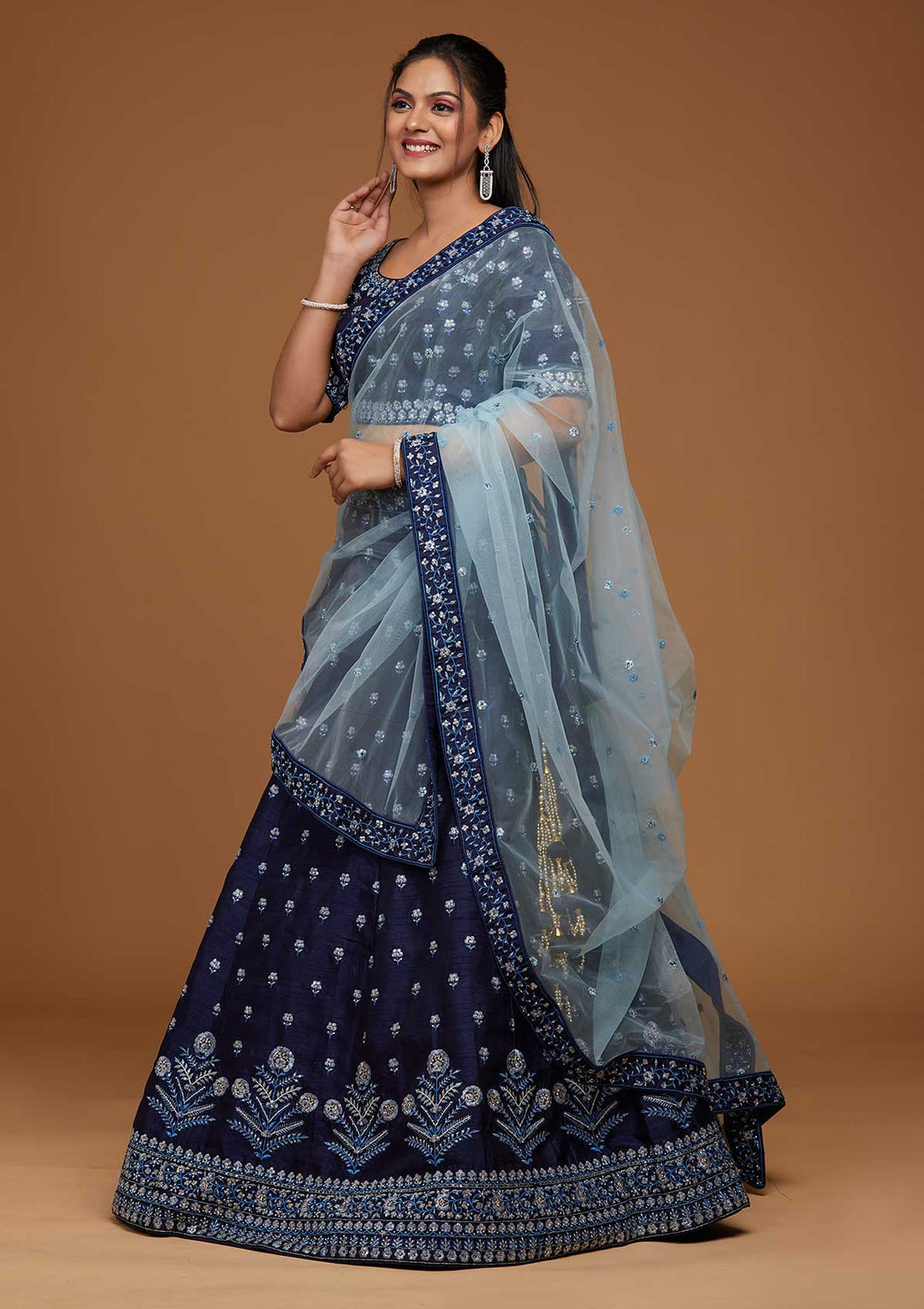 Navy Blue Threadwork Raw Silk Designer Lehenga-Koskii