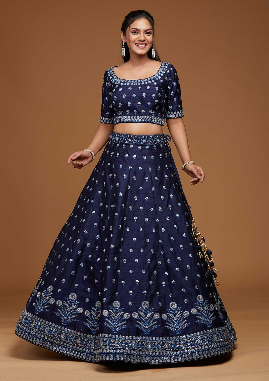 Navy Blue Threadwork Raw Silk Designer Lehenga-Koskii