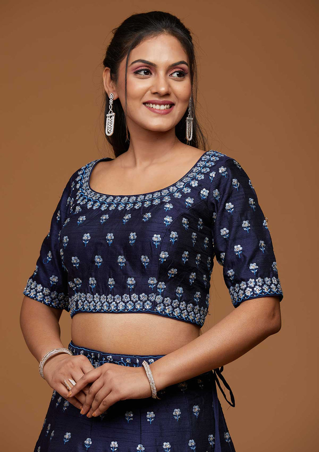 Navy Blue Threadwork Raw Silk Designer Lehenga-Koskii