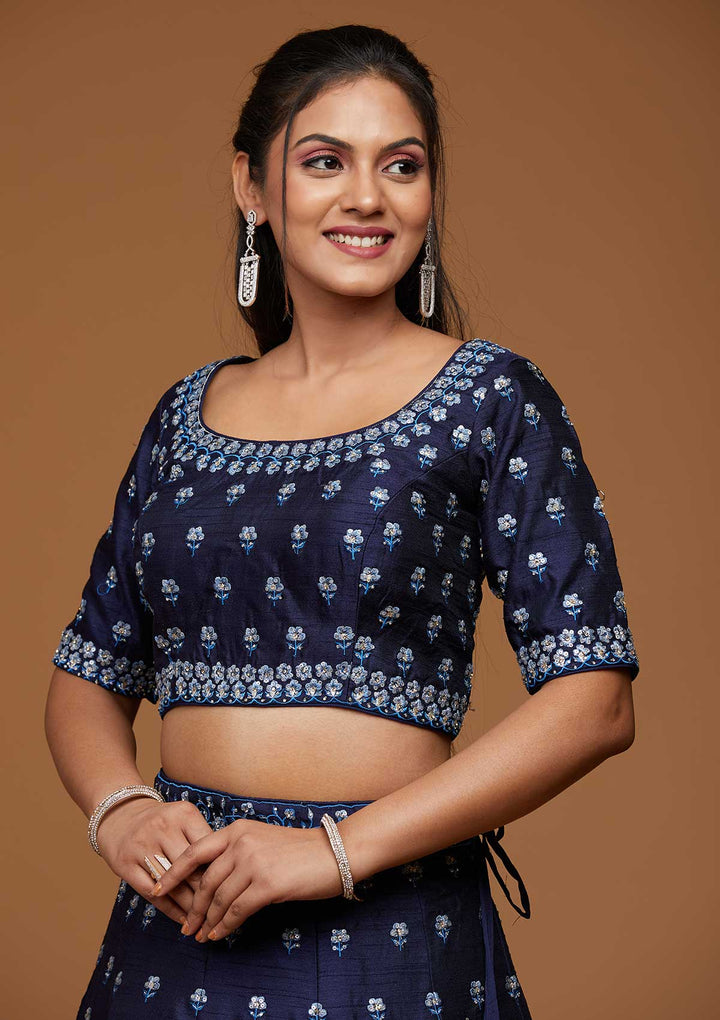 Navy Blue Threadwork Raw Silk Designer Lehenga-Koskii