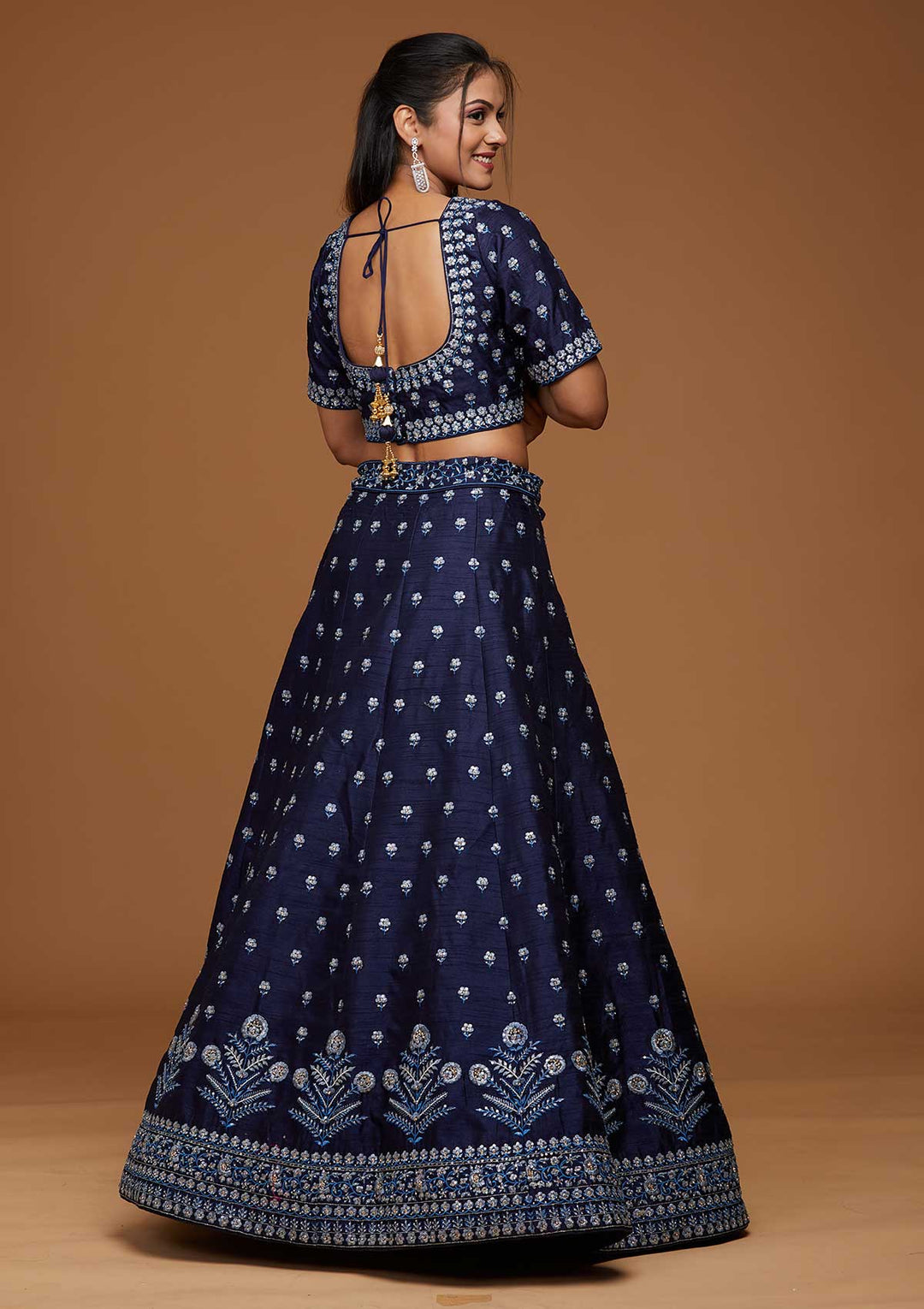 Navy Blue Threadwork Raw Silk Designer Lehenga-Koskii