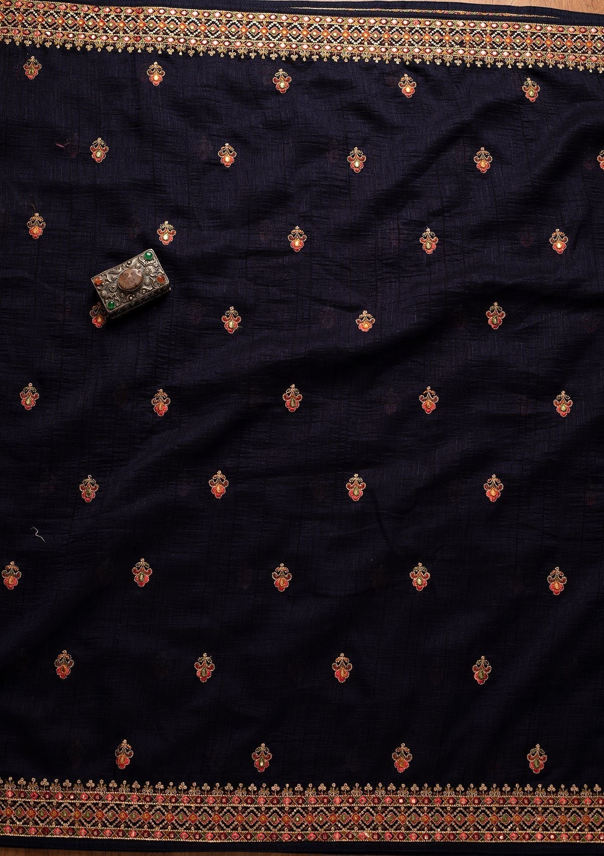 Navy Blue Threadwork Raw Silk Designer Unstitched Salwar Suit - koskii