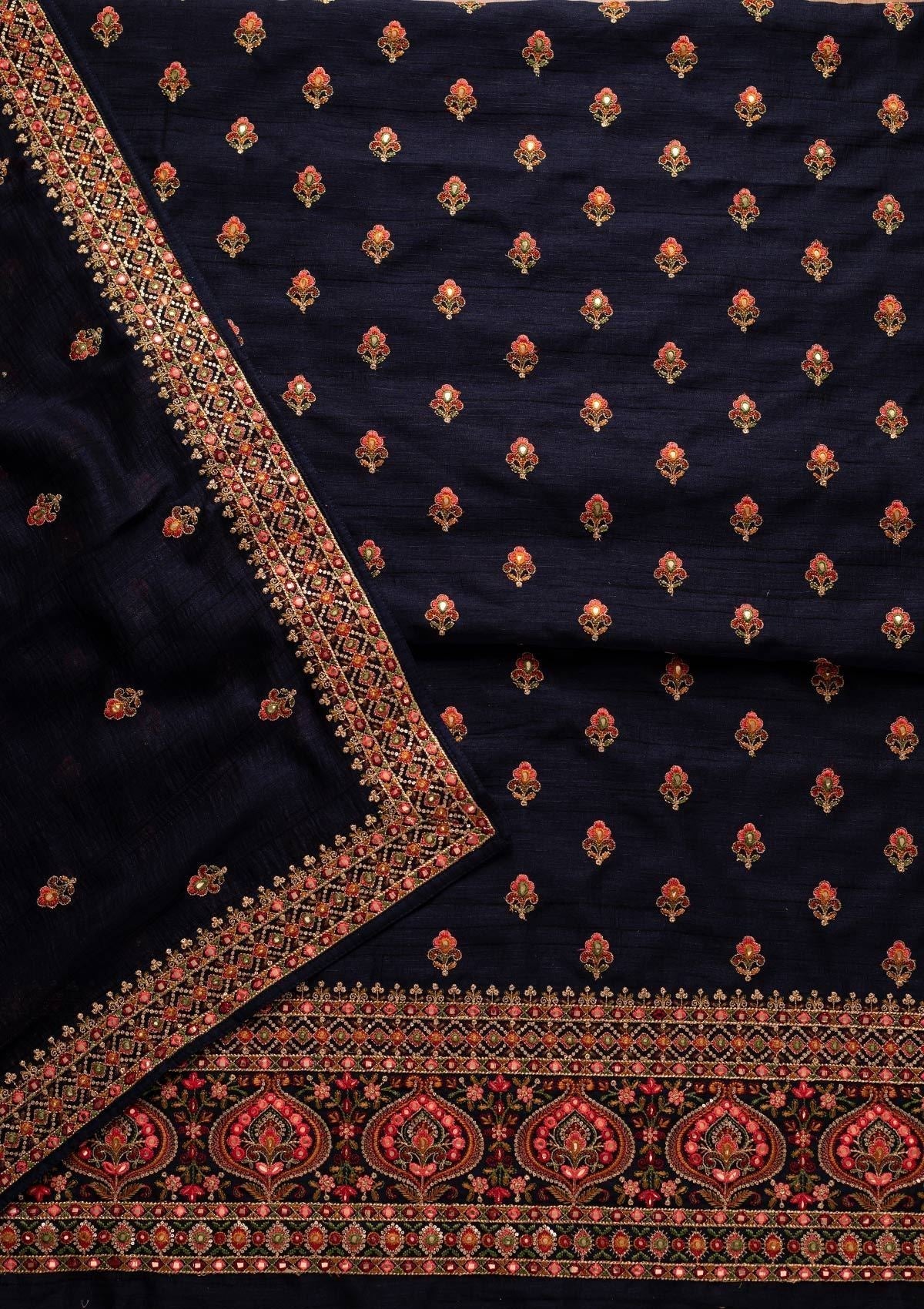 Navy Blue Threadwork Raw Silk Designer Unstitched Salwar Suit - koskii
