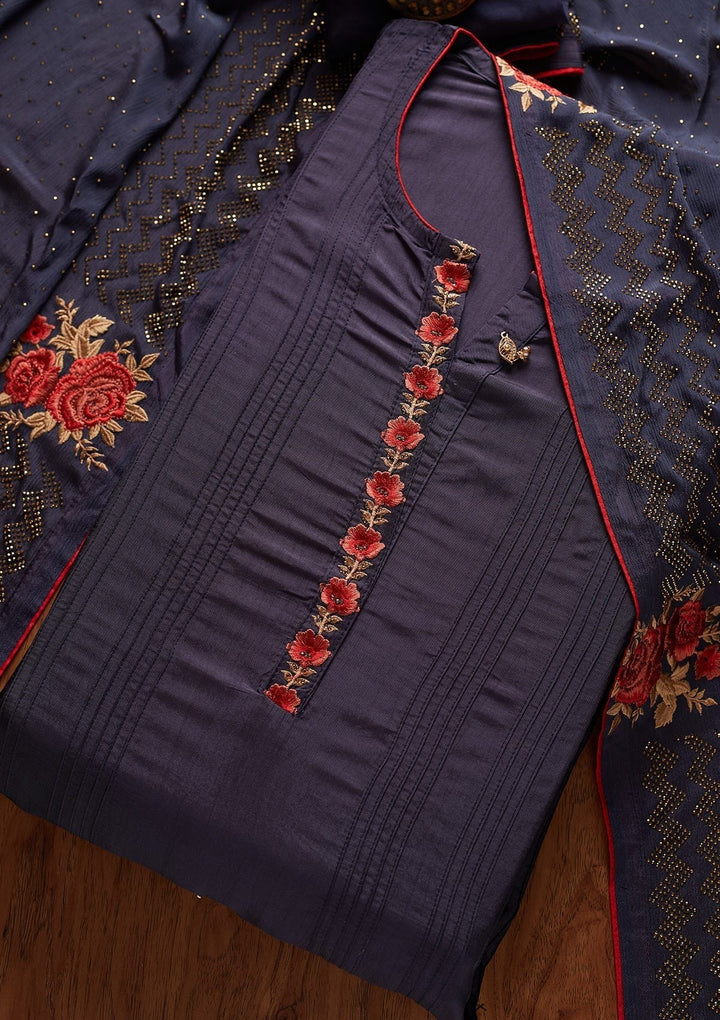 Navy Blue Threadwork Semi Crepe Designer Semi-Stitched Salwar Suit - koskii