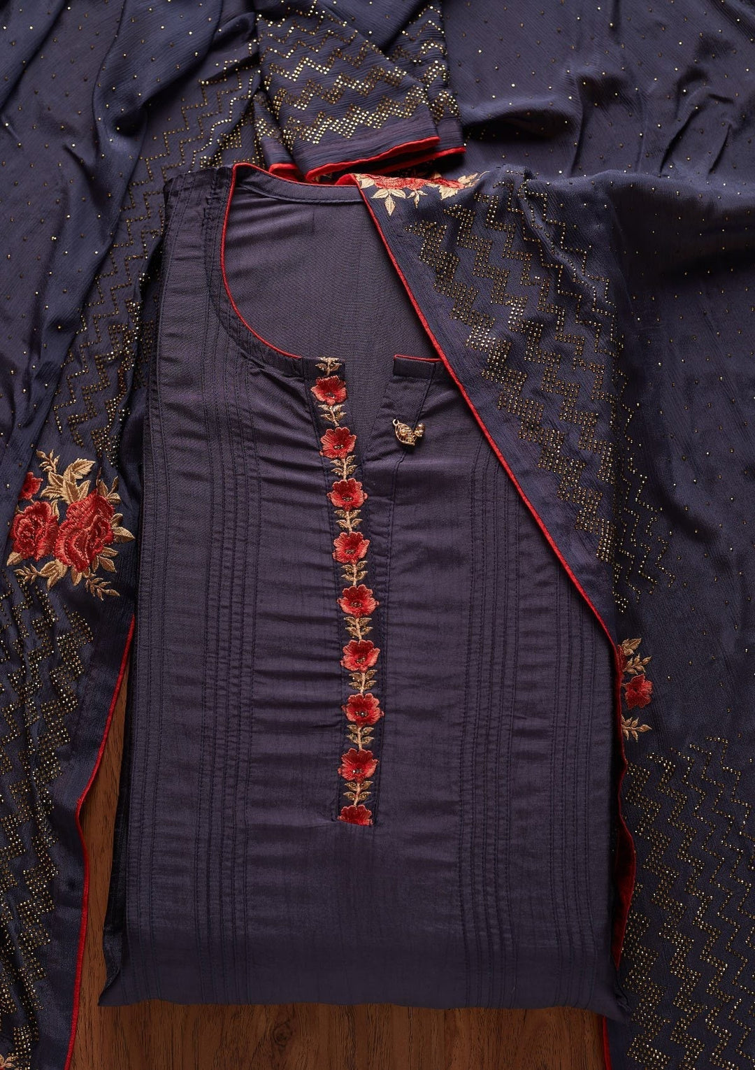 Navy Blue Threadwork Semi Crepe Designer Semi-Stitched Salwar Suit - koskii