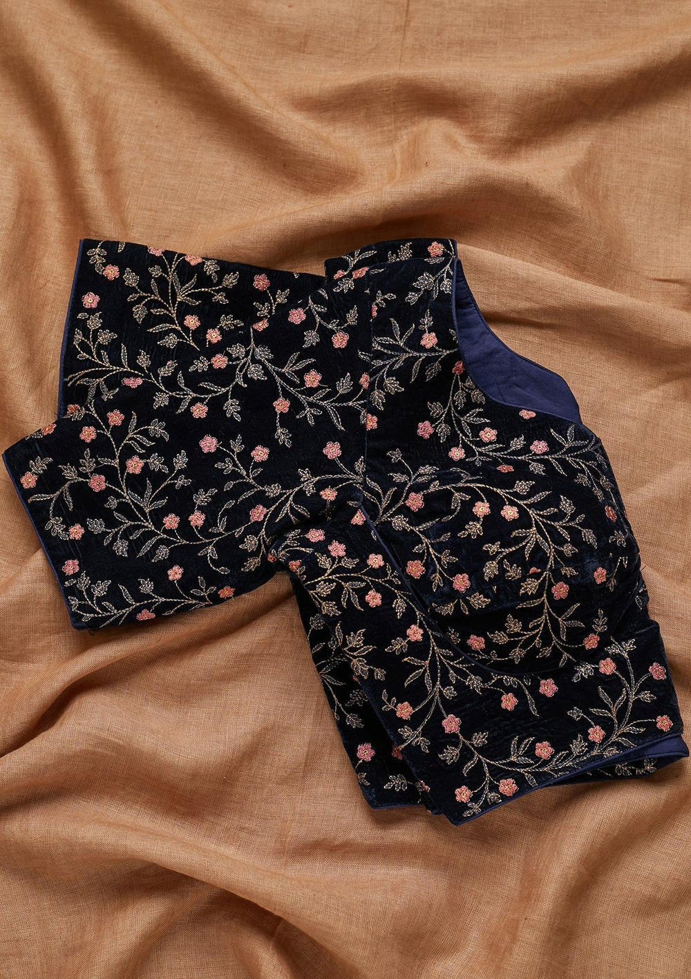 Navy Blue Threadwork Velvet Blouse - Koskii