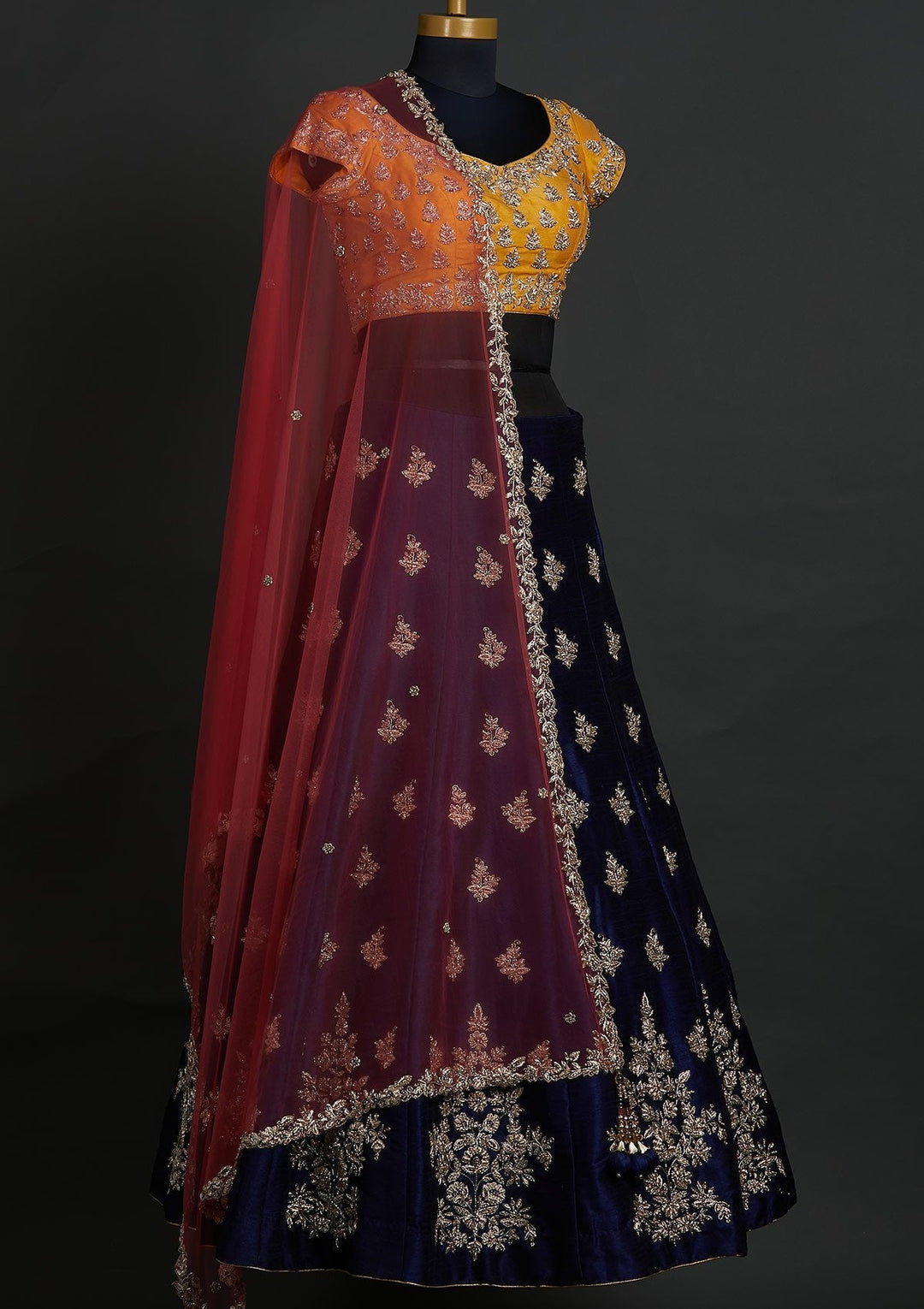 Navy Blue Zardosi Raw Silk Designer Lehenga - koskii