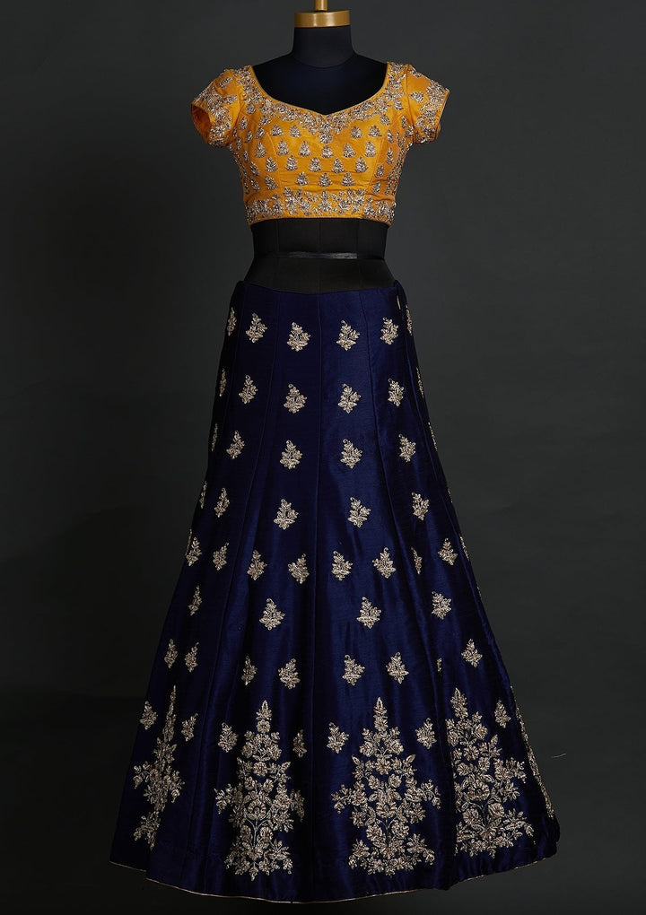 Navy Blue Zardosi Raw Silk Designer Lehenga - koskii
