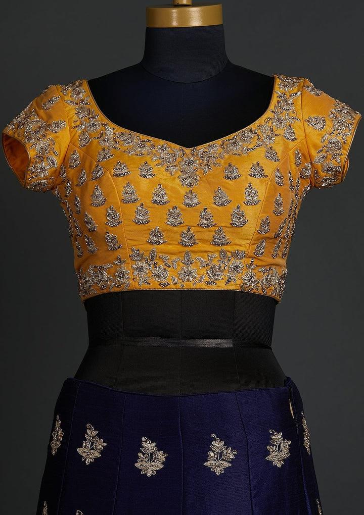 Navy Blue Zardosi Raw Silk Designer Lehenga - koskii