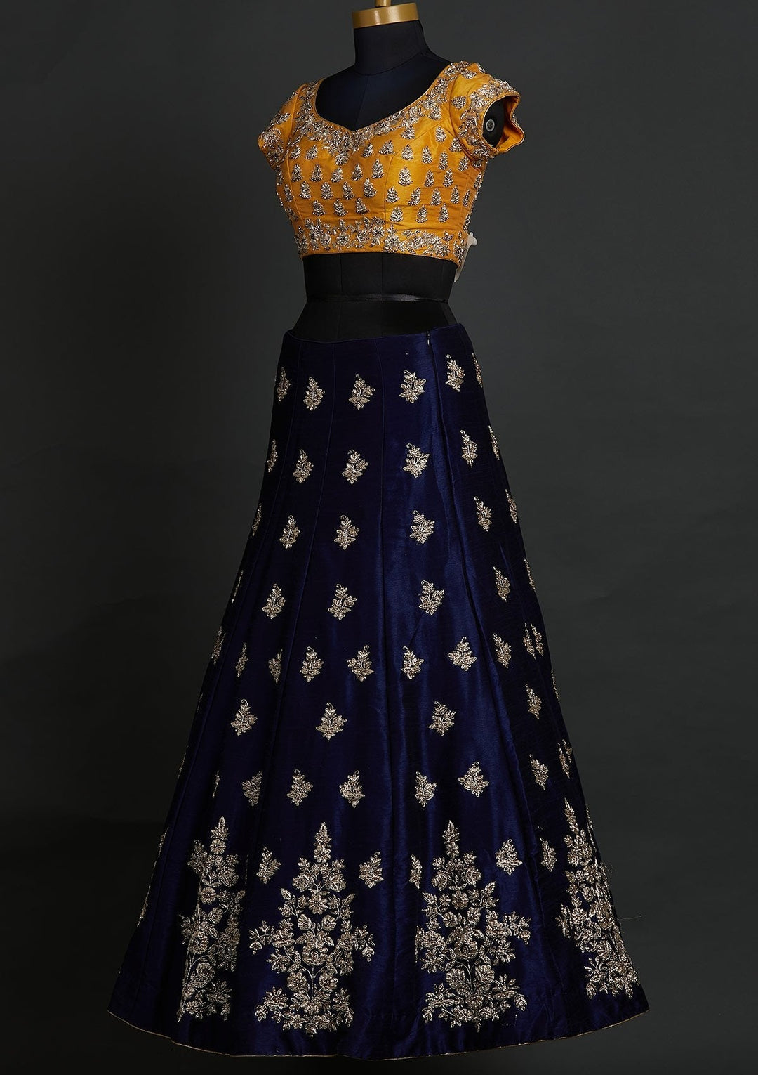 Navy Blue Zardosi Raw Silk Designer Lehenga - koskii