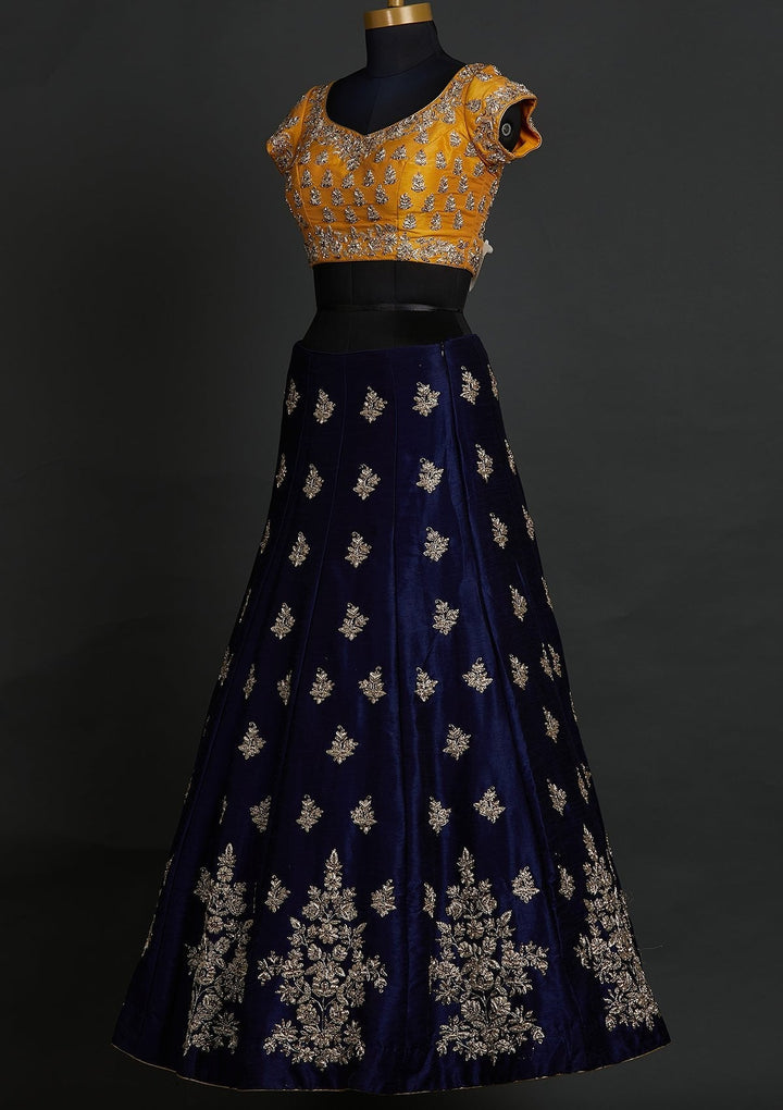 Navy Blue Zardosi Raw Silk Designer Lehenga - koskii