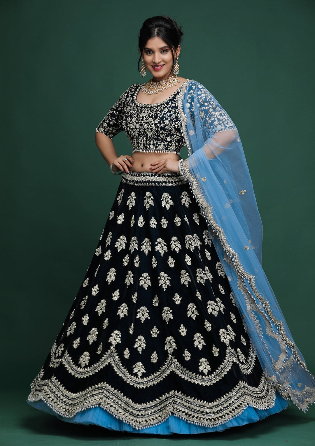 Navy Blue Zardosi Velvet Designer Lehenga-Koskii