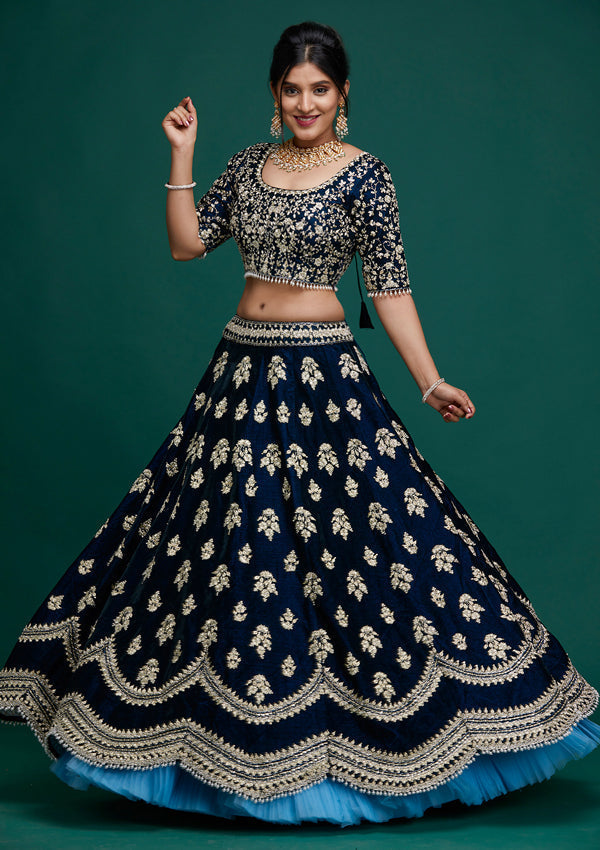 Navy Blue Zardosi Velvet Designer Lehenga-Koskii