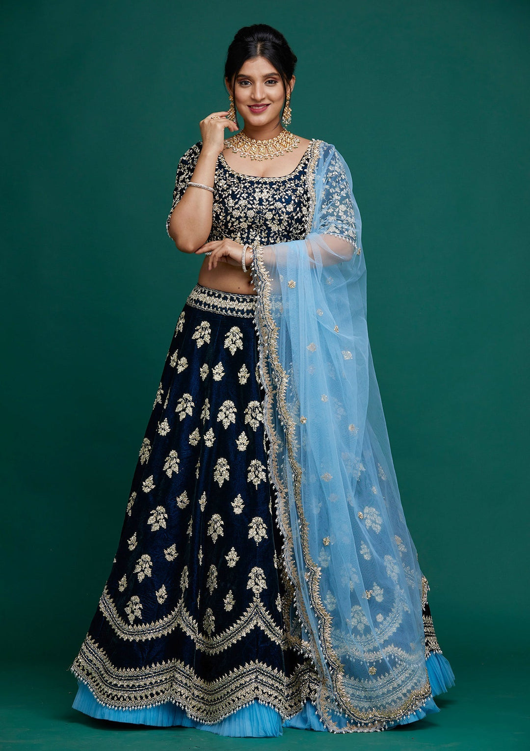 Navy Blue Zardosi Velvet Designer Lehenga-Koskii