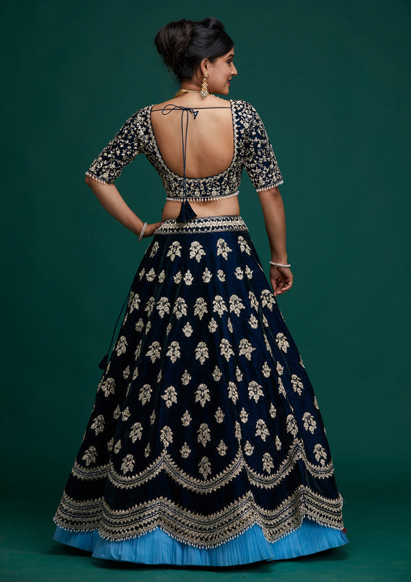 Navy Blue Zardosi Velvet Designer Lehenga-Koskii
